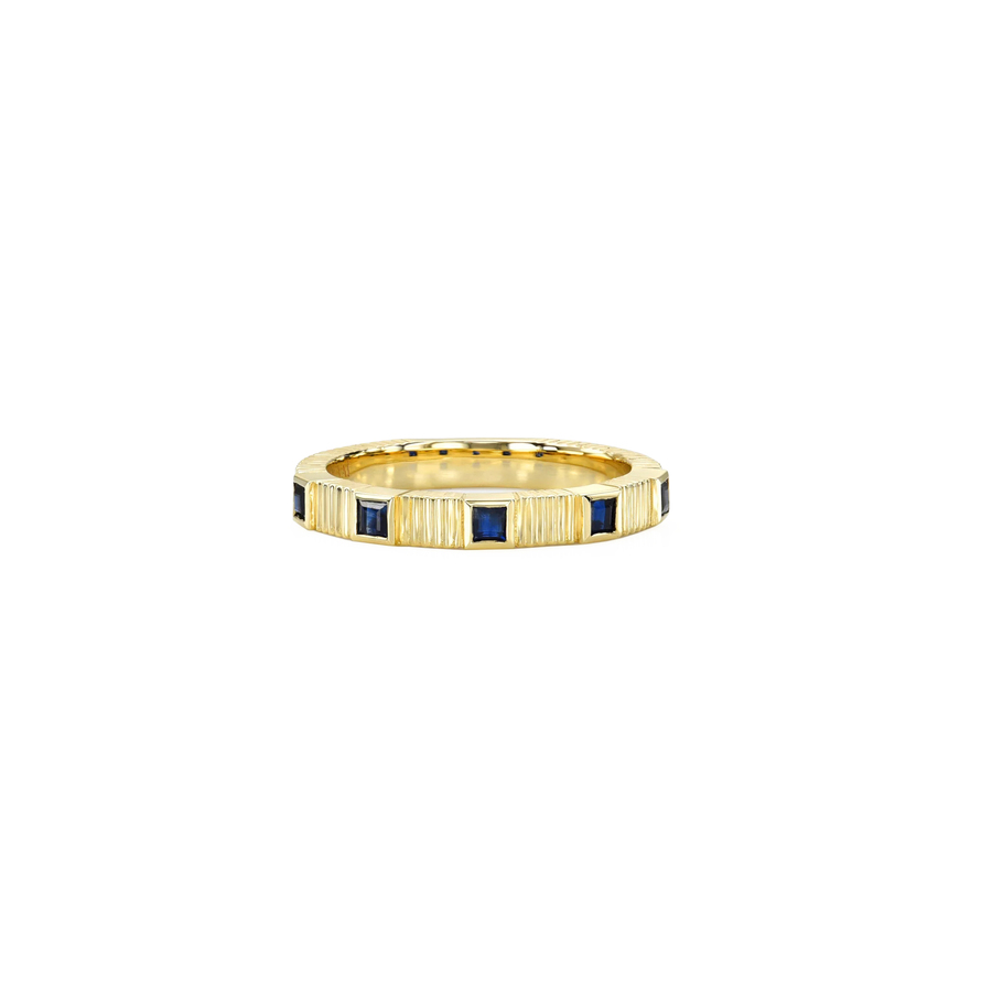 PLEATED 5 STONE carre cut blue sapphire and gold ring